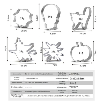 Set de 6 forme din oțel inoxidabil pentru biscuiți de Halloween – forme de dovleac și păianjen