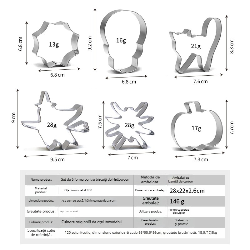 Set de 6 forme din oțel inoxidabil pentru biscuiți de Halloween – forme de dovleac și păianjen