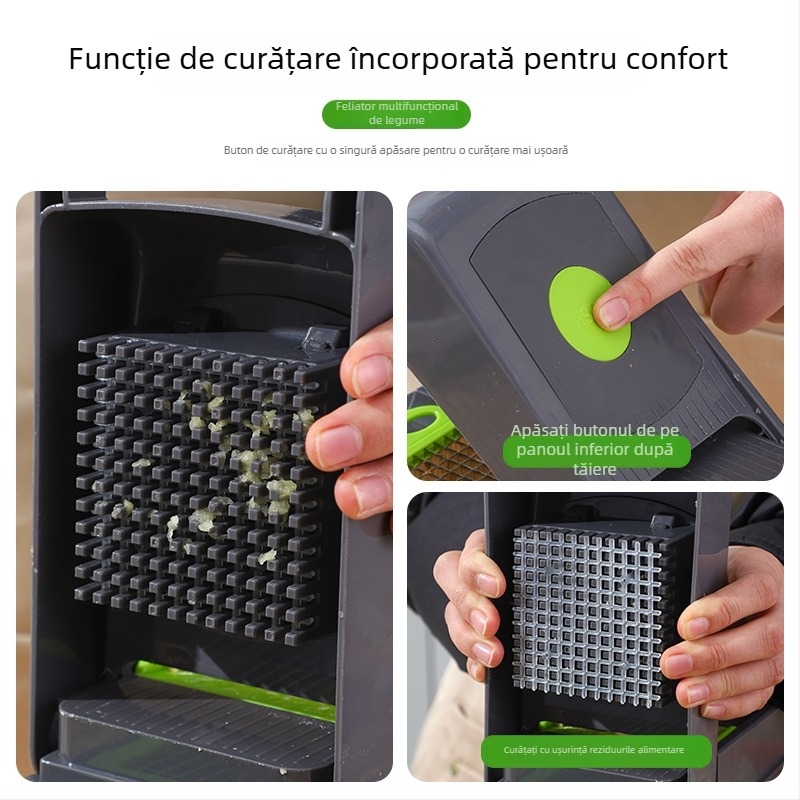 Tăietor de legume multifuncțional cu presare, set de 14 piese, lamă pentru feliat și răzător de cartofi