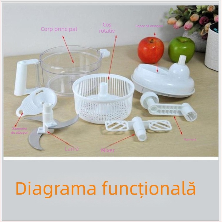 Tocător de legume multifuncțional, acționat manual, cu funcție de deshidratare