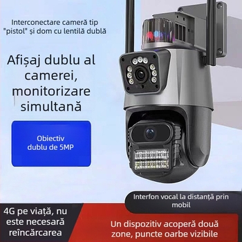 Cameră Wi-Fi 5MP cu vizualizare duală, vedere de noapte color HD, avertizare vocală și luminoasă, monitorizare, port de rețea