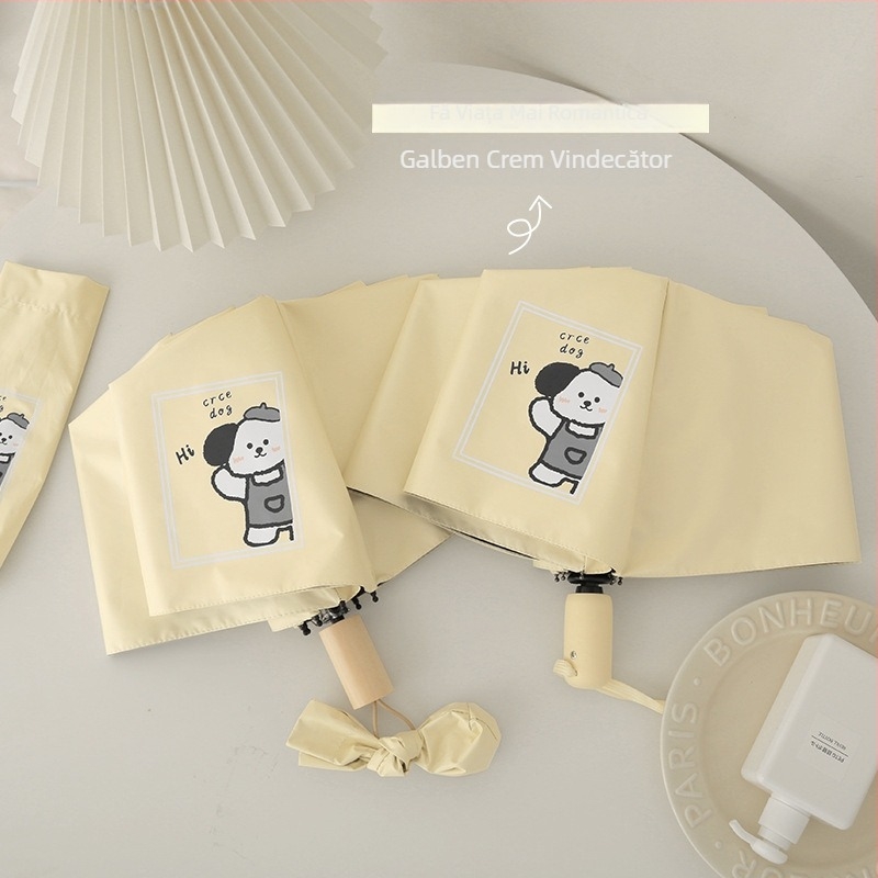 Umbrelă cu cățeluș desen animat, design drăguț pentru soare și ploaie, umbrelă pliabilă pentru studenți