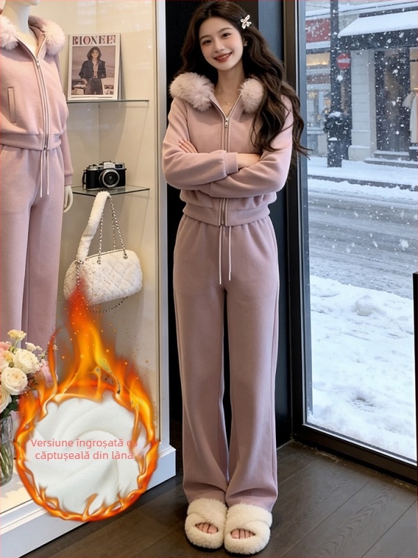 Ținută casual slim și stilată pentru femei, cu guler de blană și glugă, în stil coreean