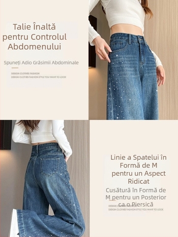 Blugi femei cu cristale, talie înaltă, croială lejeră, picioare drepte, primăvara 2026