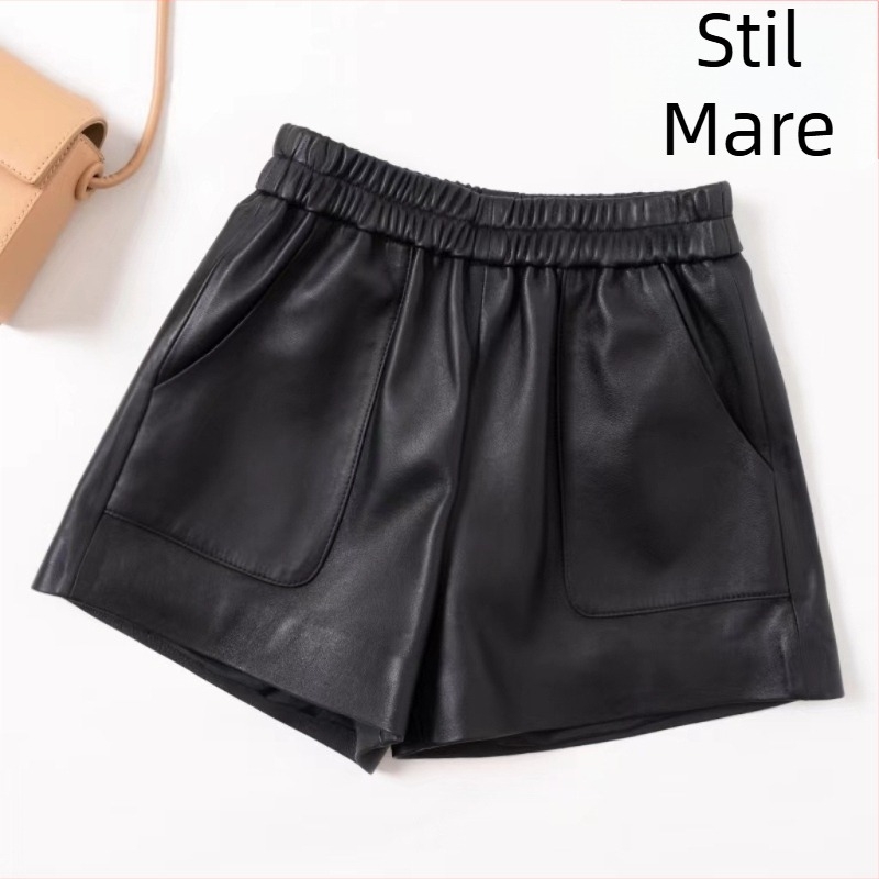 Pantaloni femei din piele naturală, talie înaltă, croială largă, lungime trei sferturi