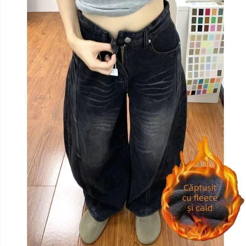 Jeanși dama talie înaltă, stil american retro, culoare negru-gri, croială largă, decolorare, efect slimming, lungime până la podea