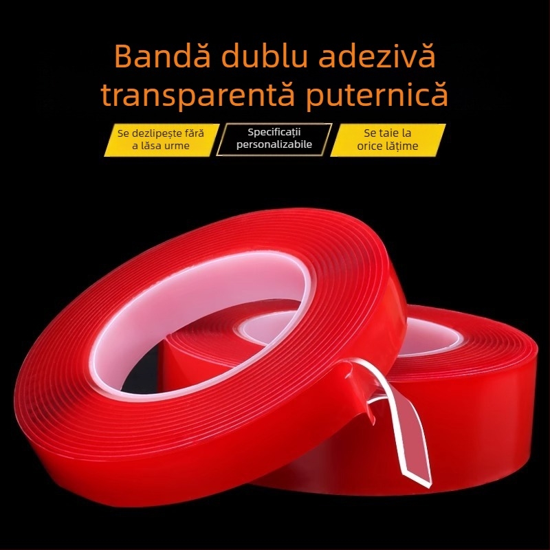 Bandă dublu-adezivă din acril cu film roșu, transparentă, nano, cu aderență puternică, fără urme, pentru ornamente auto și rame foto
