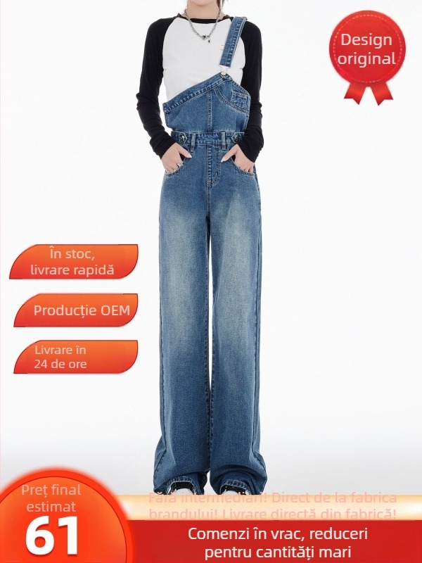 Salopetă din denim albastru pentru femei, cu bretea unică, stil primăvară 2026, croială lejeră, pantaloni largi până la podea