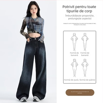 Blugi denim retro american pentru femei, talie înaltă, croi lejer, lungime până la podea, croială dreaptă, 2025 primăvară-toamnă