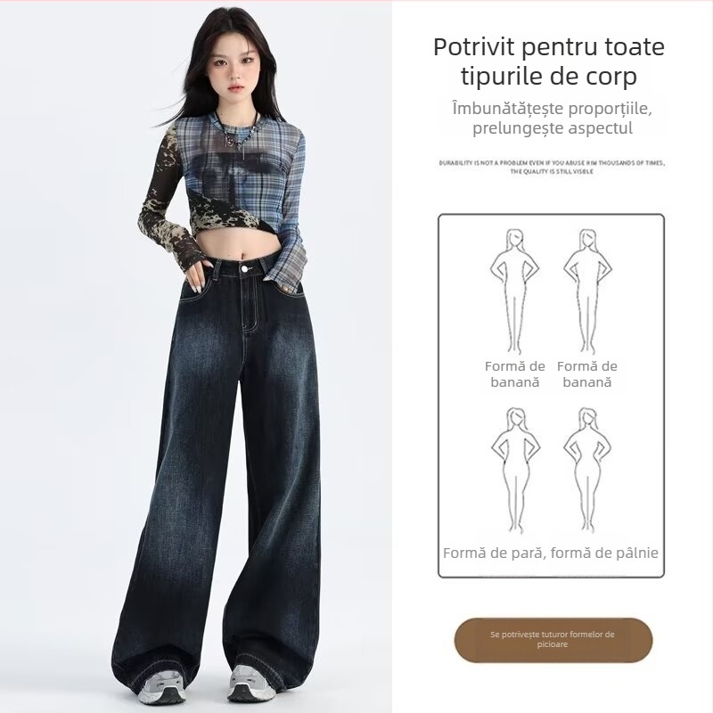 Blugi denim retro american pentru femei, talie înaltă, croi lejer, lungime până la podea, croială dreaptă, 2025 primăvară-toamnă