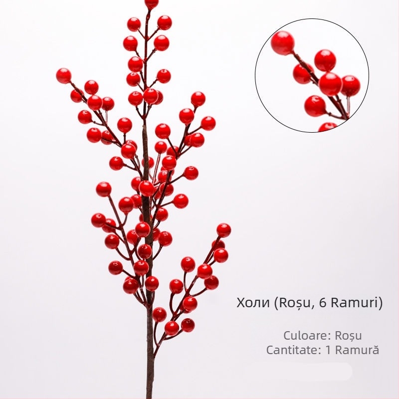 Ramură artificială cu fructe norocoase și fructe roșii, decor floral în stil chinezesc pentru living și hol.