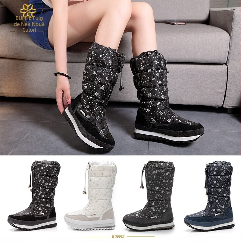 Botine lungi de iarnă pentru femei, căptușite cu lână de oaie, suprafață din piele nubuk, talpă din cauciuc antiderapant, fermoar, model floral, iarnă 2025