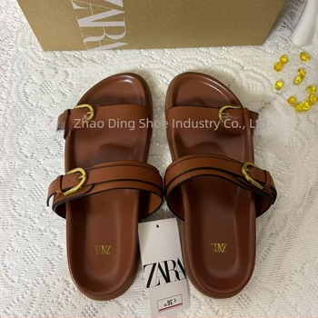 ZA2025 Sandale de vară pentru femei cu o curea, spate deschis, cataramă neagră, respirante, vârf rotund, talpă plată