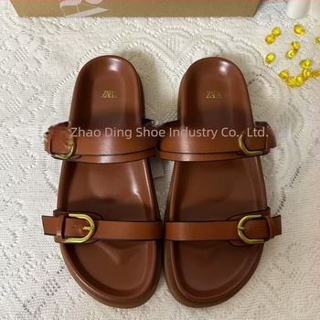 ZA2025 Sandale de vară pentru femei cu o curea, spate deschis, cataramă neagră, respirante, vârf rotund, talpă plată