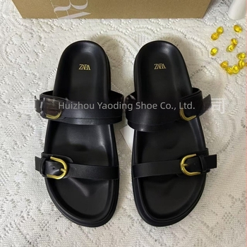 ZA2025 Sandale de vară pentru femei cu o curea, spate deschis, cataramă neagră, respirante, vârf rotund, talpă plată