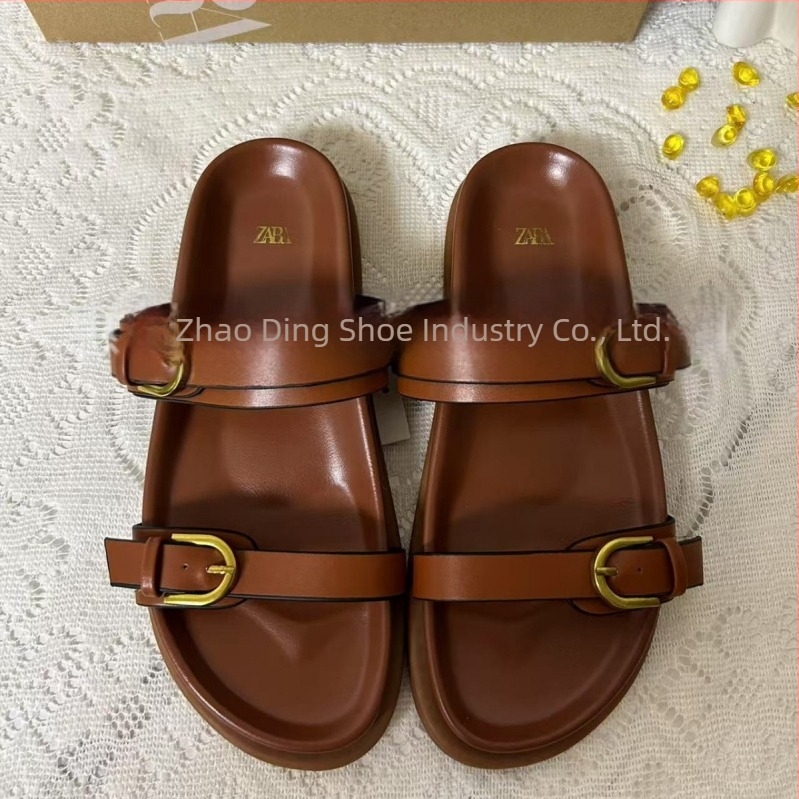 ZA2025 Sandale de vară pentru femei cu o curea, spate deschis, cataramă neagră, respirante, vârf rotund, talpă plată