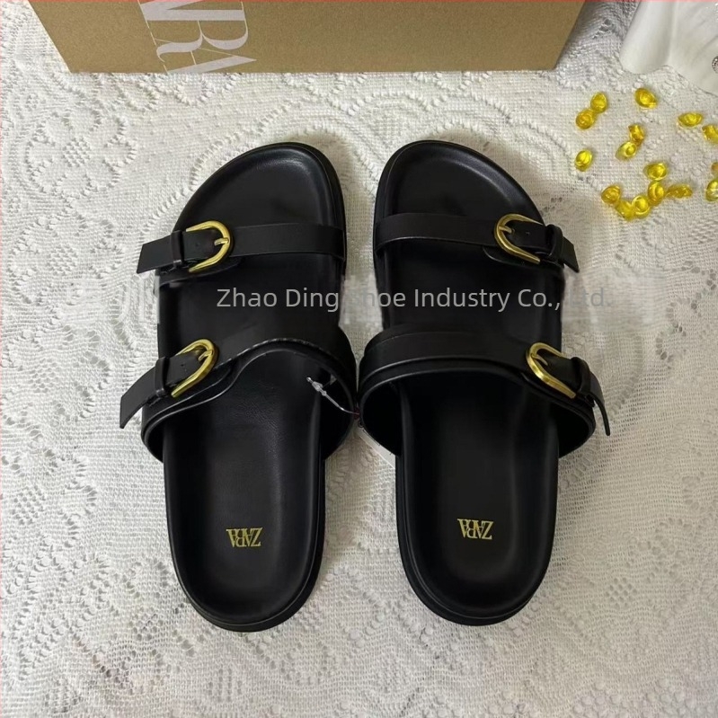 ZA2025 Sandale de vară pentru femei cu o curea, spate deschis, cataramă neagră, respirante, vârf rotund, talpă plată