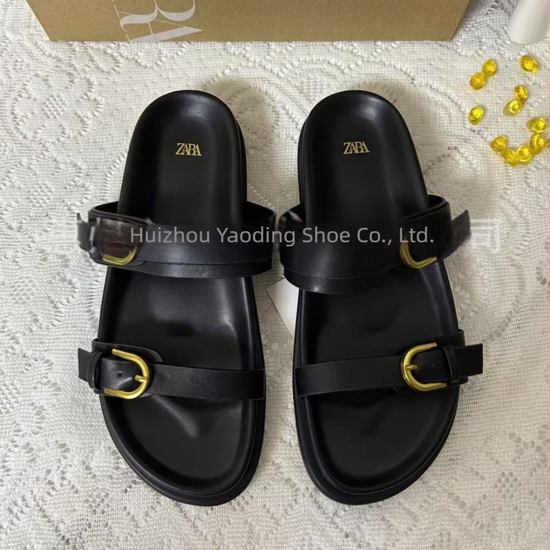 ZA2025 Sandale de vară pentru femei cu o curea, spate deschis, cataramă neagră, respirante, vârf rotund, talpă plată