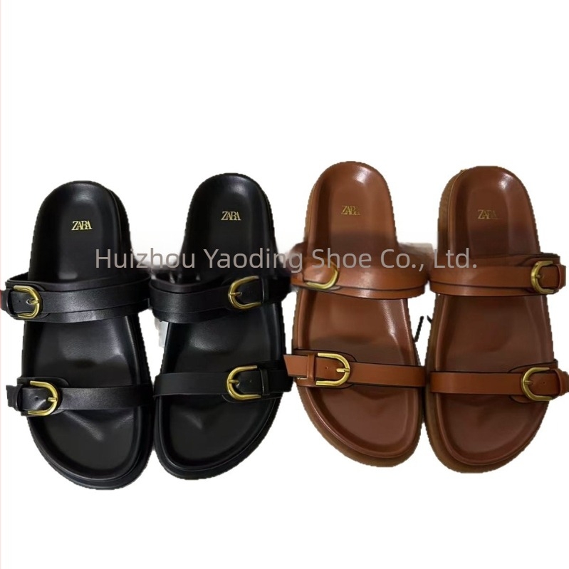 ZA2025 Sandale de vară pentru femei cu o curea, spate deschis, cataramă neagră, respirante, vârf rotund, talpă plată