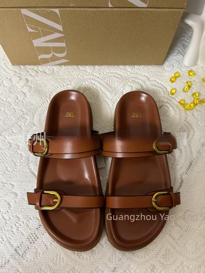 ZA2025 Sandale de vară pentru femei cu o curea, spate deschis, cataramă neagră, respirante, vârf rotund, talpă plată