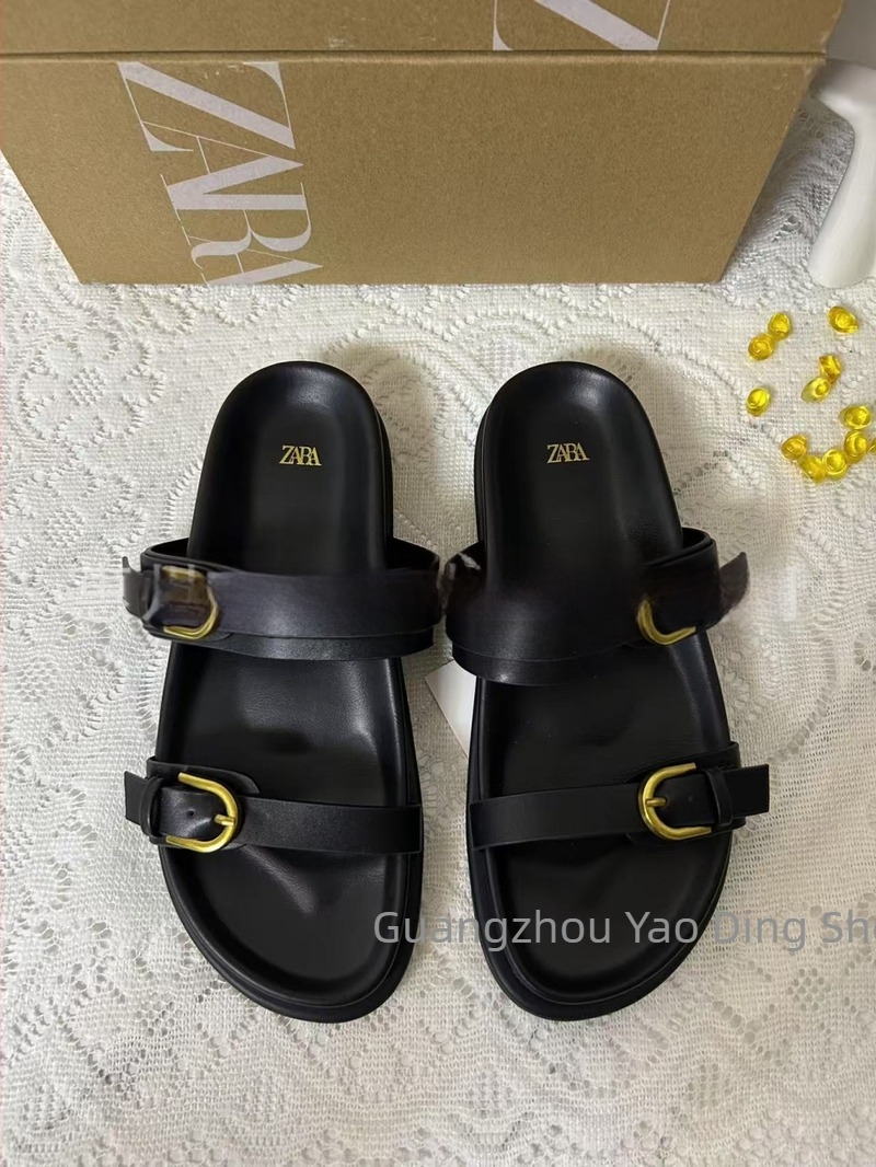 ZA2025 Sandale de vară pentru femei cu o curea, spate deschis, cataramă neagră, respirante, vârf rotund, talpă plată