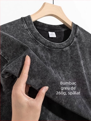 Tricou din bumbac 260 g, uzat, mâneci scurte, stil vintage american retro, unisex, culoare solidă, vară 2025