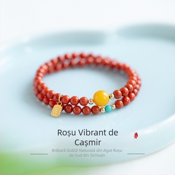 Brățară cu agat roșu sudic, cu chihlimbar natural și turcoaz, multistrat, închidere dublă, pentru femei, mărgele de mei