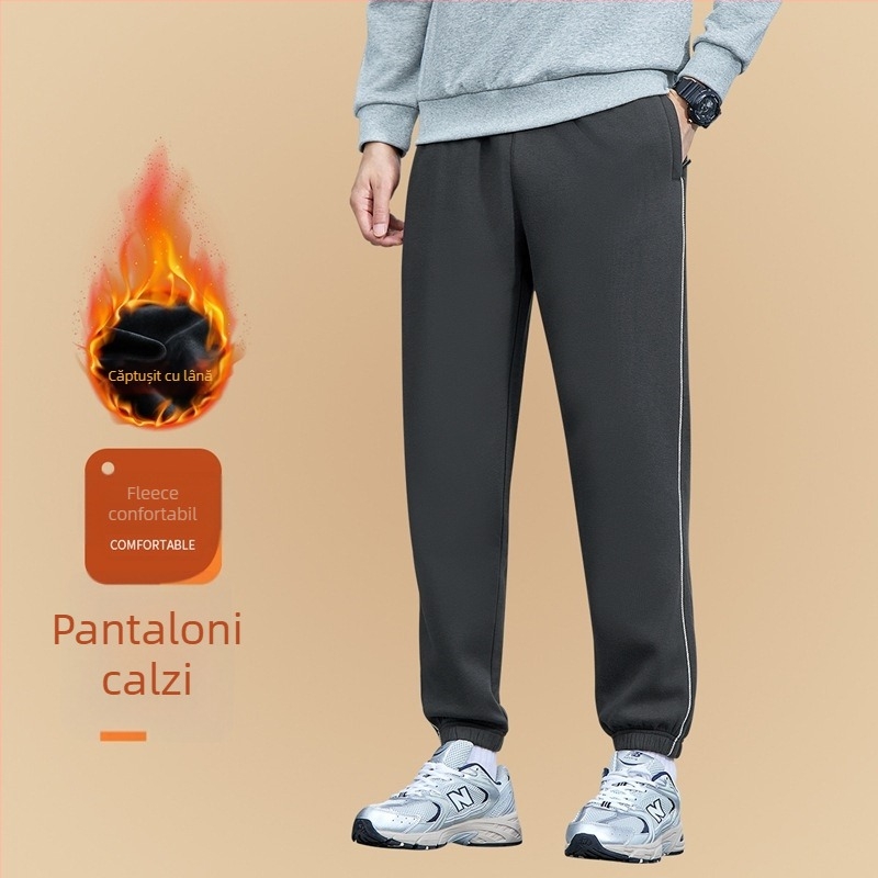Pantaloni sport unisex de iarnă, croială lejeră, căptușiți cu fleece, plus size, pentru activități în aer liber și purtare casual, cu manșete