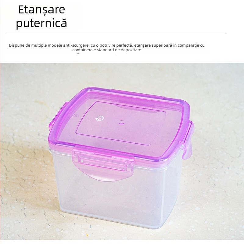 Recipient transparent, capac mare, etanș, pentru depozitarea fructelor și legumelor, compatibil cu microundele și rezistent la temperaturi înalte