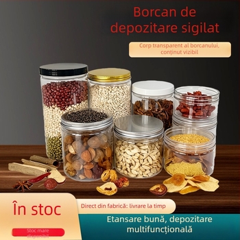 Recipient din plastic transparent, gură de 85 mm, sigilat, personalizat – container PET pentru alimente: bomboane, ceai și nuci