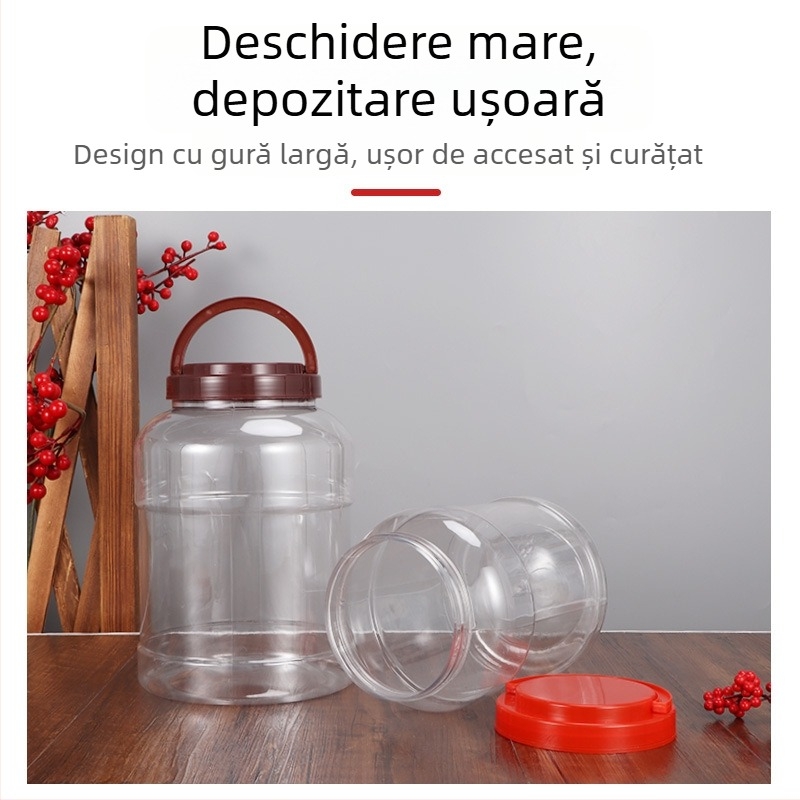 Recipient sigilat din plastic transparent, cu gât larg, pentru miere, bomboane, nuci și gustări