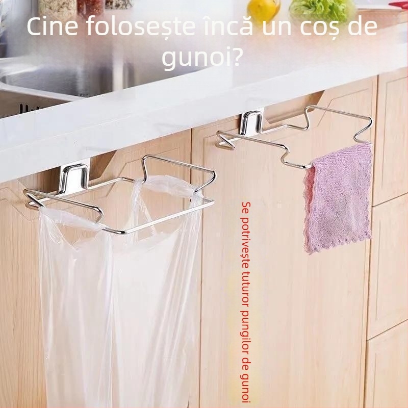 Suport pentru saci de gunoi din oțel inoxidabil și raft de depozitare, cârlig multifuncțional pentru ușa dulapului din bucătărie