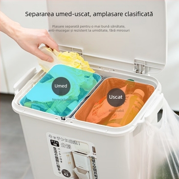 Coș de gunoi de bucătărie pentru uz casnic, cu pedale și capac, separare uscată și umedă, capacitate mare, stil japonez
