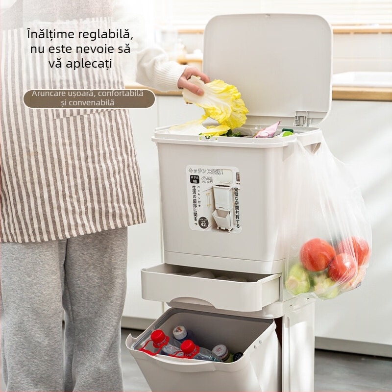 Coș de gunoi de bucătărie pentru uz casnic, cu pedale și capac, separare uscată și umedă, capacitate mare, stil japonez