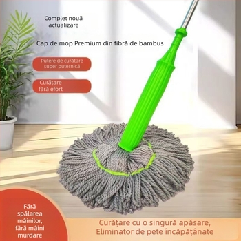 Mop din fibre de bambus cu storcător rotativ, stoarcere instantanee, îndepărtarea petelor, depozitare verticală, curățare într-un singur pas