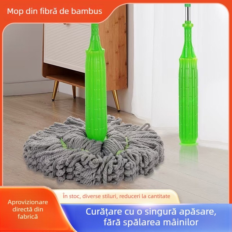 Mop din fibre de bambus cu storcător rotativ, stoarcere instantanee, îndepărtarea petelor, depozitare verticală, curățare într-un singur pas