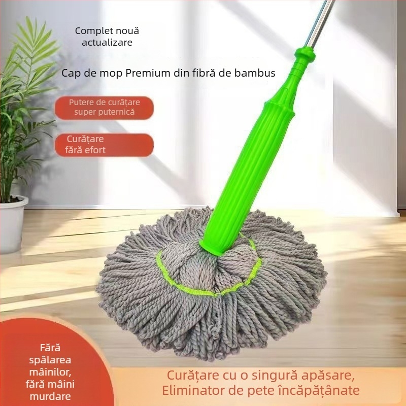 Mop din fibre de bambus cu storcător rotativ, stoarcere instantanee, îndepărtarea petelor, depozitare verticală, curățare într-un singur pas