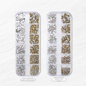 Rhinestones pentru unghii în cutie cu 12 compartimente, bandă lungă, amestec de cristale transparente albe și diamante AB, spate plat și spate ascuțit