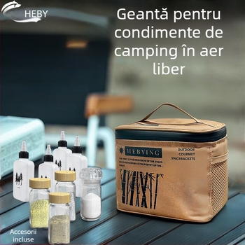 Geantă portabilă pentru picnic pentru depozitarea condimentelor, set de 11 piese cu recipiente pentru condimente pentru camping