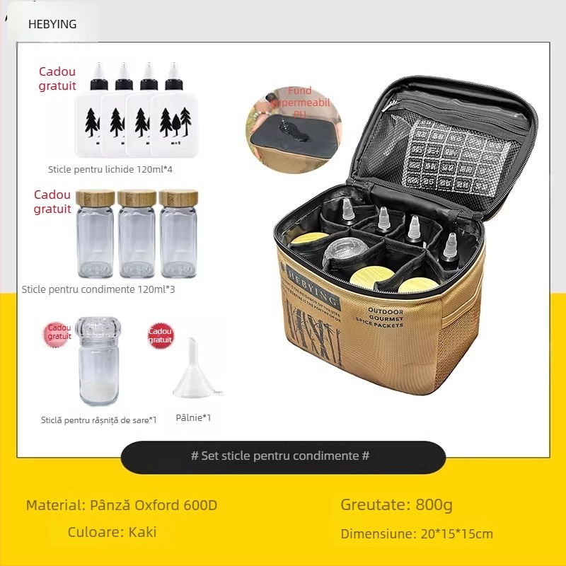 Geantă portabilă pentru picnic pentru depozitarea condimentelor, set de 11 piese cu recipiente pentru condimente pentru camping