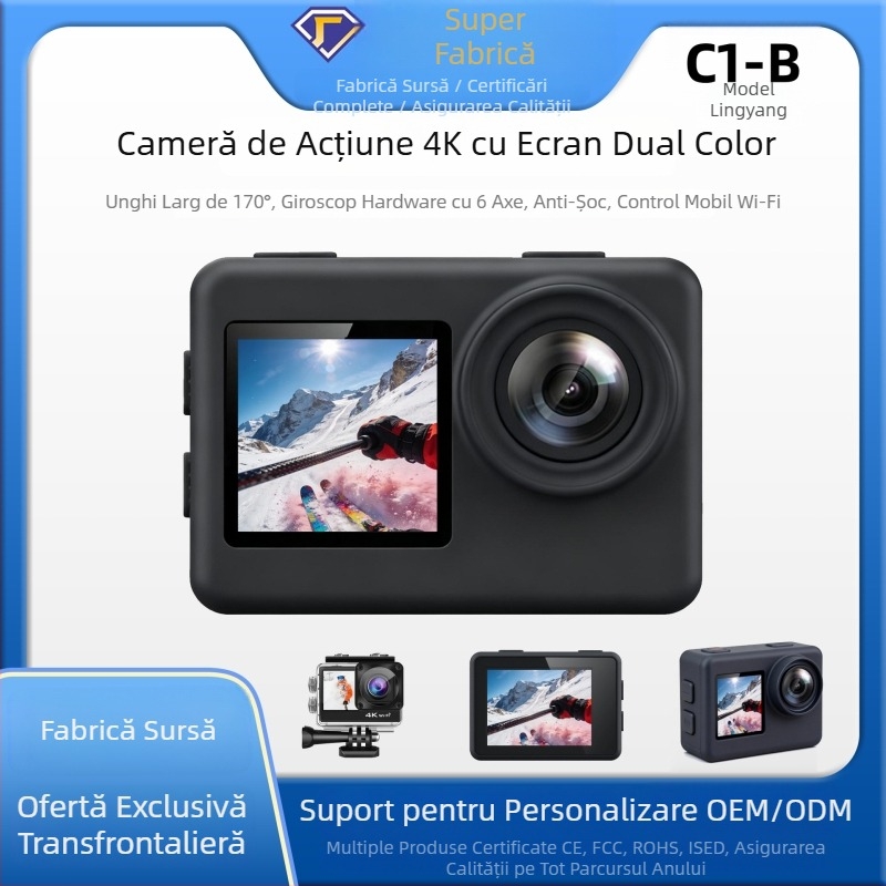 Cameră de acțiune 4K60fps cu display dual pentru ciclism în aer liber, scufundări și pescuit — montată pe cap, compactă, HD cu stabilizare