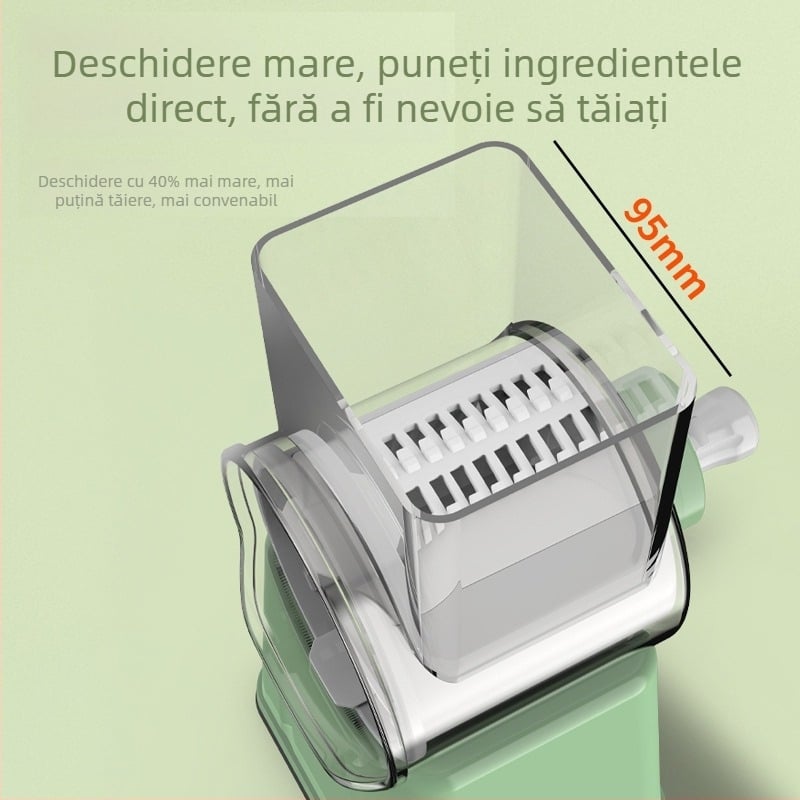 Tăietor de legume multifuncțional, cu capacitate mare, pentru cuburi, mărunțire și feliere cartofi și ridichi; tambur manual