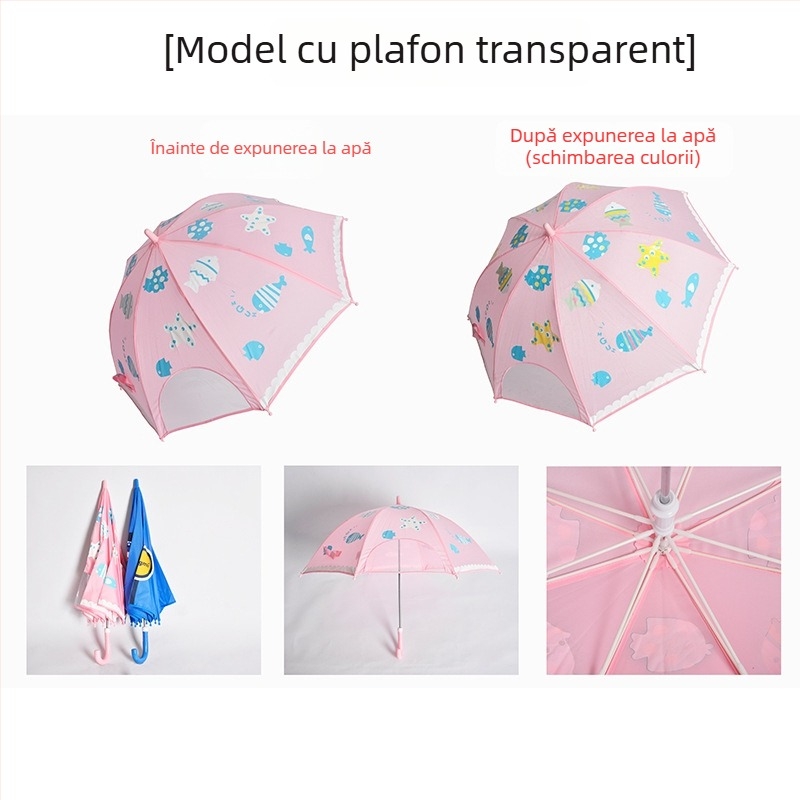 Umbrelă pentru copii cu schimbare de culoare, deschidere automată, mâner curbat și tijă dreaptă