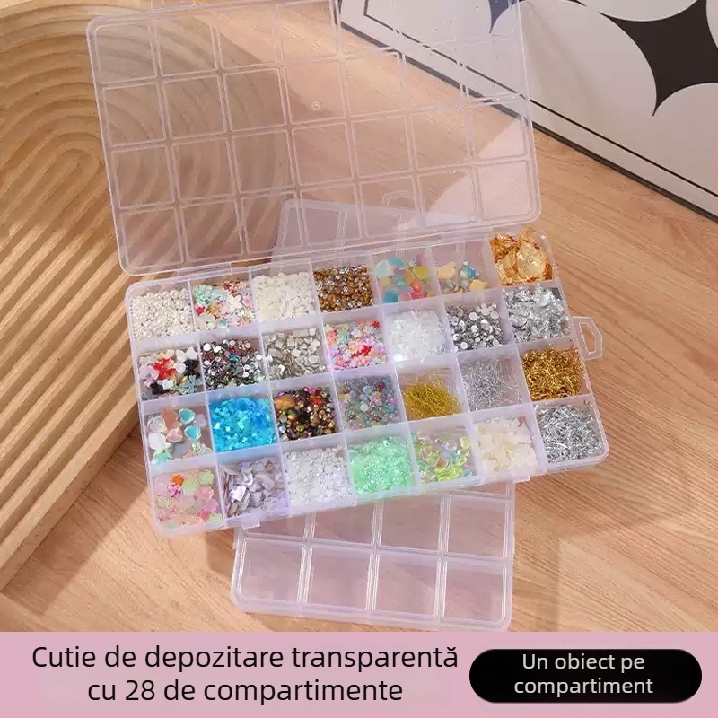 Cutie de depozitare din plastic cu 28 compartimente, un singur strat, cu capac, pentru mărgele, bijuterii și proiecte DIY