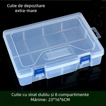 Cutie transparentă din plastic de formă dreptunghiulară, cu 8 compartimente și capac, pentru mostre