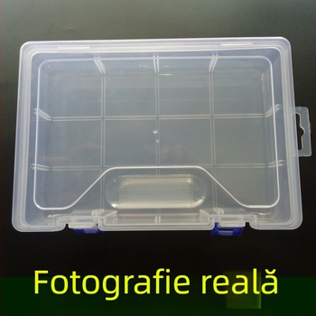 Cutie transparentă din plastic de formă dreptunghiulară, cu 8 compartimente și capac, pentru mostre