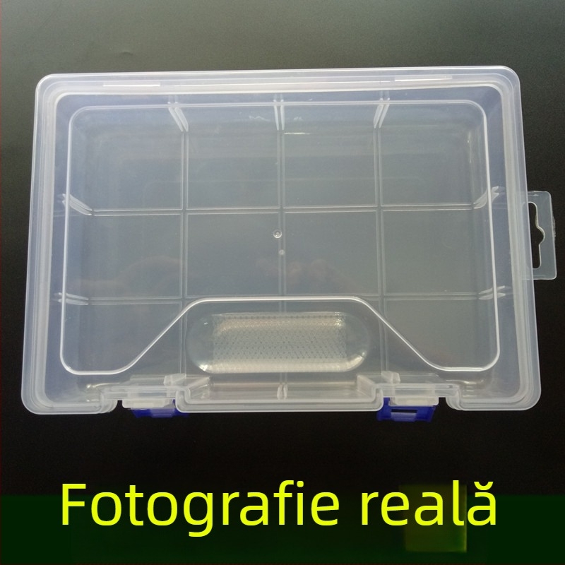 Cutie transparentă din plastic de formă dreptunghiulară, cu 8 compartimente și capac, pentru mostre