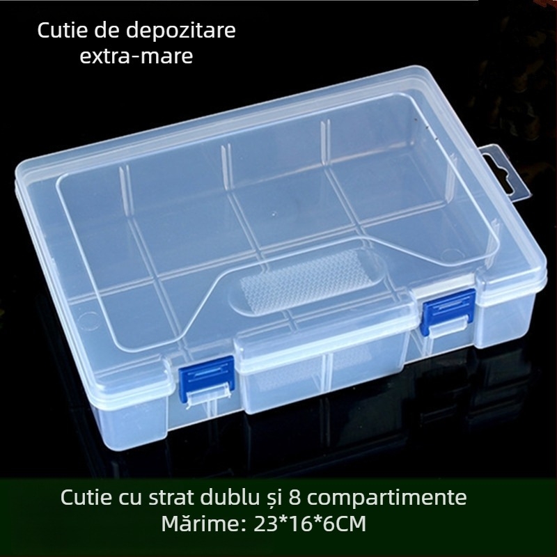 Cutie transparentă din plastic de formă dreptunghiulară, cu 8 compartimente și capac, pentru mostre