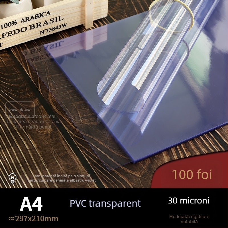 Film PVC pentru legătorie, foi A4 din plastic, 30 µm material transparent satinat, cu înaltă transparență