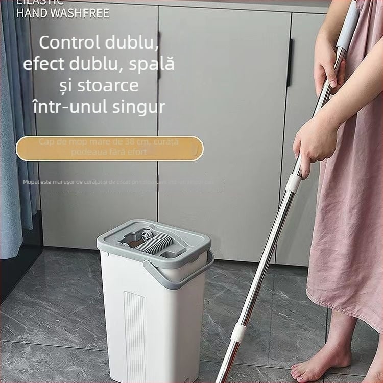 Mop plat cu găleată și mâner telescopic din oțel inoxidabil, 130 cm, cap mop 38 cm, sistem de stoarcere cu patru fețe, evacuare eficientă a apei